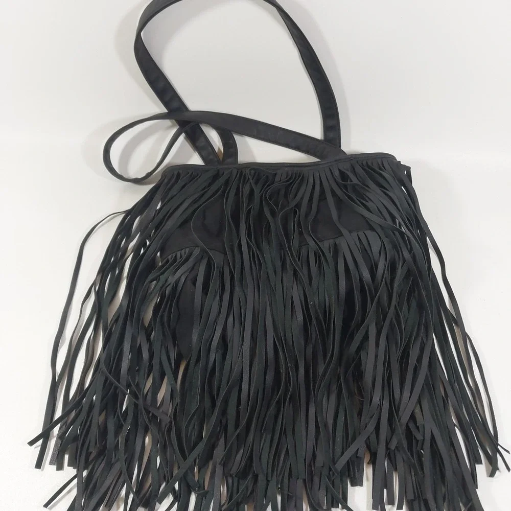 Black Faux Suede Fringe Slouchy Hobo Shoulder Bag Tote Boho